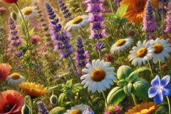 DALL·E-2025-09-13-00.35.40-A-photorealistic-close-up-view-of-colorful-wildflowers-and-medicinal-herbs-growing-in-a-summer-meadow.-The-scene-shows-chamomile-lavender-marigold-