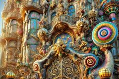 DALL·E-2025-09-13-00.36.58-A-hyperrealistic-close-up-of-the-facade-of-a-Gaudi-Dali-inspired-fantastical-castle.-The-focus-is-on-the-ornate-details_-colorful-mosaics-golden-inta