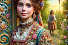 DALL·E-2025-09-13-00.37.58-A-hyperrealistic-vertical-portrait-in-the-style-of-Mary-Ooms-showing-a-beautiful-young-girl-standing-outdoors-on-a-bright-summer-day.-She-wears-ornat