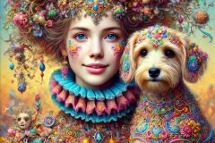 DALL·E-2025-09-13-00.38.02-A-hyperrealistic-vertical-portrait-in-the-style-of-Mary-Ooms-showing-a-beautiful-young-girl-with-her-dog-on-a-bright-summer-day.-The-girl-wears-ornat