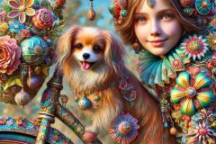 DALL·E-2025-09-13-00.38.08-A-hyperrealistic-close-up-in-the-style-of-Mary-Ooms-showing-a-beautiful-young-girl-with-her-dog-on-a-fantastical-ornate-bicycle.-The-bicycle-is-richl