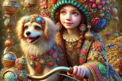 DALL·E-2025-09-13-00.38.09-A-hyperrealistic-close-up-in-the-style-of-Mary-Ooms-showing-a-beautiful-young-girl-with-her-dog-on-a-fantastical-ornate-bicycle.-The-bicycle-is-richl