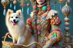 DALL·E-2025-09-13-00.38.13-A-hyperrealistic-vertical-portrait-in-the-style-of-Mary-Ooms-showing-an-adult-young-woman-with-her-dog-on-a-fantastical-ornate-bicycle.-The-woman-wea