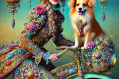 DALL·E-2025-09-13-00.38.16-A-hyperrealistic-vertical-portrait-in-the-style-of-Mary-Ooms-showing-an-adult-young-woman-with-her-dog-on-a-fantastical-ornate-bicycle.-The-woman-wea