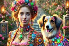 DALL·E-2025-09-13-00.38.21-A-hyperrealistic-vertical-portrait-in-the-style-of-Mary-Ooms-showing-an-adult-young-woman-with-her-dog-in-a-fantastical-ornate-garden.-The-woman-wear