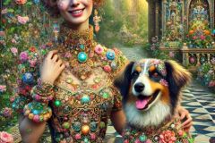DALL·E-2025-09-13-00.38.24-A-hyperrealistic-vertical-portrait-in-the-style-of-Mary-Ooms-showing-an-adult-young-woman-with-her-dog-in-a-fantastical-ornate-garden.-The-woman-wear