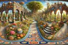 DALL·E-2025-09-13-00.38.34-A-hyperrealistic-horizontal-panorama-in-the-style-of-Mary-Ooms-showing-fantastical-ornate-gardens-on-a-bright-summer-day.-The-gardens-are-filled-with