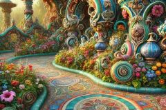 DALL·E-2025-09-13-00.38.38-An-ultra-hyperrealistic-close-up-in-the-style-of-Mary-Ooms-showing-a-richly-ornate-section-of-fantastical-gardens-on-a-bright-summer-day.-The-scene-f