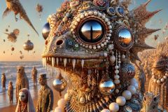 DALL·E-2025-06-29-00.39.46-An-ultra-close-up-photorealistic-surreal-beach-wedding-scene-in-the-style-of-Milic-of-Macva.-The-main-focus-is-a-bizarre-creatures-face-and-upper-bod