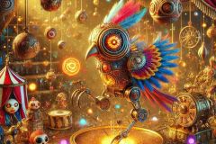 DALL·E-2025-06-29-00.41.31-A-surreal-photorealistic-close-up-scene-inside-a-colorful-circus-in-the-style-of-Milic-of-Macva.-In-the-center-a-mechanical-bird-clown-with-embroide