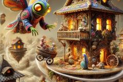 DALL·E-2025-06-29-00.41.46-A-photorealistic-surreal-close-up-scene-in-the-style-of-Milic-of-Macva.-The-focus-is-on-one-floating-embroidered-house-with-spinning-balconies-and-a-