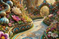DALL·E-2025-09-13-00.38.40-An-ultra-hyperrealistic-close-up-in-the-style-of-Mary-Ooms-showing-a-richly-ornate-section-of-fantastical-gardens-on-a-bright-summer-day.-The-scene-f