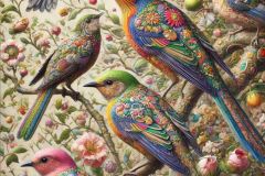 DALL·E-2025-09-13-00.40.35-A-hyperrealistic-vertical-close-up-in-the-style-of-Mary-Ooms-showing-several-colorful-birds-perched-on-flowering-branches-in-nature.-Each-bird-is-lif