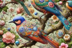 DALL·E-2025-09-13-00.40.36-A-hyperrealistic-vertical-close-up-in-the-style-of-Mary-Ooms-showing-several-colorful-birds-perched-on-flowering-branches-in-nature.-Each-bird-is-lif