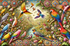 DALL·E-2025-09-13-00.40.40-A-hyperrealistic-horizontal-view-in-the-style-of-Mary-Ooms-showing-a-variety-of-bird-species-in-a-fantastical-natural-setting.-Colorful-parrots-dove