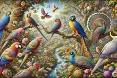 DALL·E-2025-09-13-00.40.43-A-hyperrealistic-horizontal-view-in-the-style-of-Mary-Ooms-showing-a-variety-of-bird-species-in-a-fantastical-natural-setting.-Colorful-parrots-dove