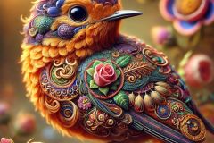 DALL·E-2025-09-13-00.40.45-An-ultra-hyperrealistic-close-up-in-the-style-of-Mary-Ooms-showing-a-single-bird-perched-on-a-branch-in-nature.-Its-feathers-are-richly-decorated-wit