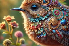DALL·E-2025-09-13-00.40.47-An-ultra-hyperrealistic-close-up-in-the-style-of-Mary-Ooms-showing-a-single-bird-perched-on-a-branch-in-nature.-Its-feathers-are-richly-decorated-wit