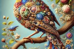 DALL·E-2025-09-13-00.40.50-A-hyperrealistic-vertical-portrait-in-the-style-of-Mary-Ooms-showing-a-single-bird-in-full-body-perched-on-a-branch.-The-bird-is-richly-decorated-wit