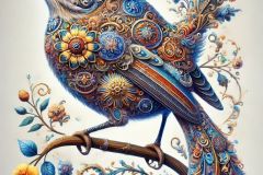 DALL·E-2025-09-13-00.40.52-A-hyperrealistic-vertical-portrait-in-the-style-of-Mary-Ooms-showing-a-single-bird-in-full-body-perched-on-a-branch.-The-bird-is-richly-decorated-wit