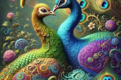 DALL·E-2025-09-13-00.41.14-A-hyperrealistic-vertical-portrait-in-ornate-fantasy-style-inspired-by-Mary-Ooms-showing-two-peacocks-of-different-colors-tenderly-nuzzling-together-