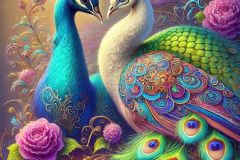 DALL·E-2025-09-13-00.41.16-A-hyperrealistic-vertical-portrait-in-ornate-fantasy-style-inspired-by-Mary-Ooms-showing-two-peacocks-of-different-colors-tenderly-nuzzling-together-