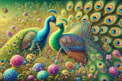DALL·E-2025-09-13-00.41.19-A-hyperrealistic-horizontal-view-in-ornate-fantasy-style-inspired-by-Mary-Ooms-showing-two-peacocks-of-different-colors-tenderly-nuzzling-together-on