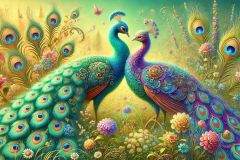 DALL·E-2025-09-13-00.41.20-A-hyperrealistic-horizontal-view-in-ornate-fantasy-style-inspired-by-Mary-Ooms-showing-two-peacocks-of-different-colors-tenderly-nuzzling-together-on