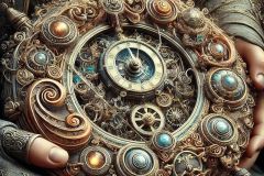 DALL·E-2025-09-13-00.41.51-An-ultra-hyperrealistic-close-up-in-ornate-surreal-fantasy-style-showing-the-strange-mechanical-device-held-by-the-man.-The-device-is-part-clock-and-