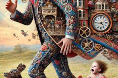 DALL·E-2025-09-13-00.42.02-A-hyperrealistic-vertical-portrait-in-ornate-surreal-fantasy-style-showing-a-man-running-forward-with-his-coat-transforming-into-a-miniature-city-wit