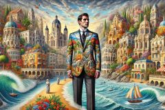 DALL·E-2025-09-13-00.42.19-A-hyperrealistic-horizontal-scene-in-ornate-surreal-fantasy-style-showing-a-man-in-the-foreground-wearing-a-suit-that-transforms-into-a-seaside-rivie
