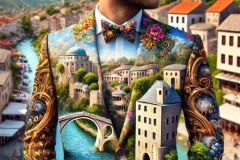 DALL·E-2025-09-13-00.42.41-A-hyperrealistic-vertical-portrait-in-ornate-surreal-fantasy-style-showing-a-man-walking-through-the-old-town-of-Mostar-on-a-bright-summer-day.-His-f