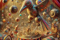 DALL·E-2025-06-29-00.41.33-A-surreal-photorealistic-close-up-scene-inside-a-colorful-circus-in-the-style-of-Milic-of-Macva.-In-the-center-a-mechanical-bird-clown-with-embroide