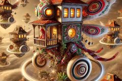 DALL·E-2025-06-29-00.41.44-A-photorealistic-surreal-close-up-scene-in-the-style-of-Milic-of-Macva.-The-focus-is-on-one-floating-embroidered-house-with-spinning-balconies-and-a-