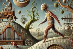 DALL·E-2025-06-29-00.42.19-A-photorealistic-surreal-follow-up-scene-in-the-style-of-Milic-of-Macva-and-Hieronymus-Bosch.-One-of-the-hybrid-creatures-has-come-to-life—its-embroi