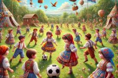 DALL·E-2025-06-29-00.43.39-A-joyful-photorealistic-surreal-scene-in-the-style-of-Milic-of-Macva.-On-a-bright-summer-day-cheerful-folkloric-children-are-playing-football-on-a-w