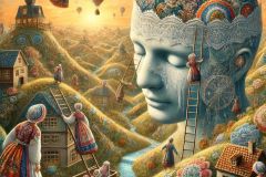 DALL·E-2025-06-29-00.44.10-A-surreal-photorealistic-scene-in-the-style-of-Milic-of-Macva-and-Hieronymus-Bosch.-A-magical-valley-surrounded-by-embroidered-and-porcelain-hills.-Fr