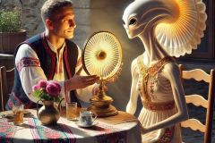 DALL·E-2025-06-29-00.44.41-A-photorealistic-surreal-scene-in-the-style-of-Paja-Jovanovic-with-science-fiction-elements.-A-traditional-Balkan-man-and-woman-sit-at-a-wooden-table