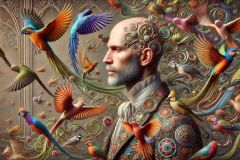 DALL·E-2025-09-13-00.43.42-A-hyperrealistic-horizontal-close-up-in-ornate-surreal-fantasy-style-showing-a-bald-man-in-an-ornate-suit-surrounded-by-a-swirling-cloud-of-many-diff