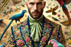 DALL·E-2025-09-13-00.43.46-A-hyperrealistic-vertical-close-up-in-ornate-surreal-fantasy-style-showing-a-bald-man-in-an-ornate-suit-surrounded-by-a-cloud-of-many-different-birds