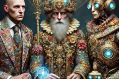 DALL·E-2025-09-13-00.43.51-An-ultra-hyperrealistic-vertical-close-up-in-ornate-surreal-fantasy-style-showing-three-figures-sitting-together-at-an-ornate-table.-A-bald-man-in-an