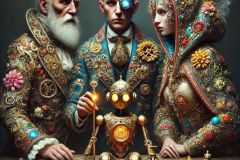 DALL·E-2025-09-13-00.43.54-An-ultra-hyperrealistic-vertical-close-up-in-ornate-surreal-fantasy-style-showing-three-figures-sitting-together-at-an-ornate-table.-A-bald-man-in-an