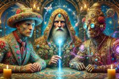 DALL·E-2025-09-13-00.44.01-An-ultra-hyperrealistic-horizontal-close-up-in-ornate-surreal-fantasy-style-showing-three-figures-sitting-together-at-an-ornate-magical-table.-A-bald