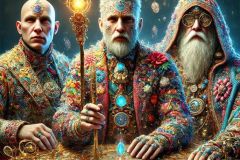 DALL·E-2025-09-13-00.44.27-An-ultra-hyperrealistic-vertical-close-up-in-ornate-surreal-fantasy-style-showing-three-figures-sitting-together-at-an-ornate-magical-table.-A-bald-m