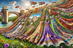 DALL·E-2025-09-13-00.44.37-A-hyperrealistic-horizontal-scene-showing-a-magical-flag-made-from-flowing-dresses-richly-decorated-in-ornate-Mary-Ooms-inspired-style.-Each-dress-is