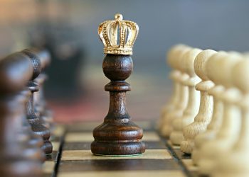 A brown pawn with a crown stands prominently on a chessboard, symbolizing strategic play.