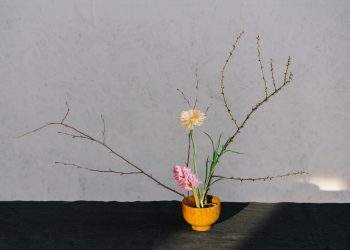 A serene minimalist floral arrangement in a wooden vase with branches and blooms.