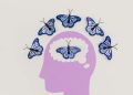 Creative illustration of butterflies representing thoughts over a brain silhouette.