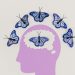 Creative illustration of butterflies representing thoughts over a brain silhouette.