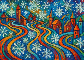 winter, folk art, village, snowflakes, colorful, abstract, whimsical, festive, cold, vibrant, surreal, painting, dreamlike, joyful, holiday, scene, art, fantasy, texture, imaginative, ai generated